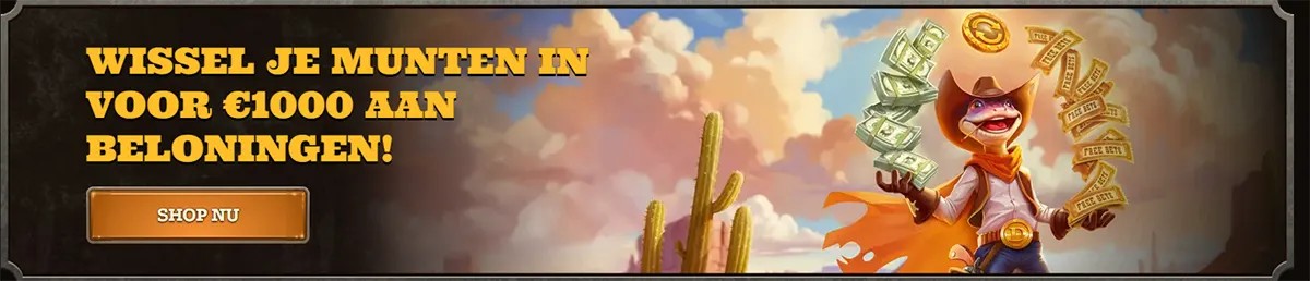 Banner in Dutch with a Wild West theme: text “WISSEL JE MUNTEN IN VOOR €1000 AAN BELONINGEN!” and a brown “SHOP NU” button on the left; on the right, a cartoon cowboy character holding cash and free-bet tickets, with desert cacti and cloudy sky background.