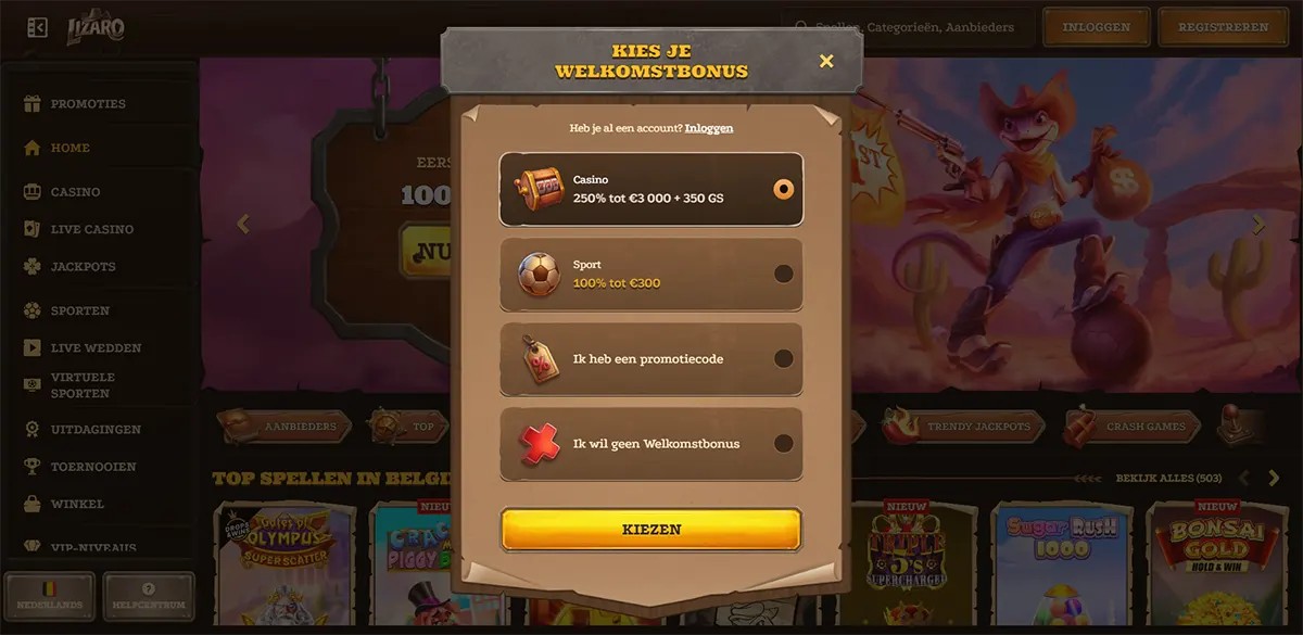 Dutch casino popup “Kies je welkomstbonus” (choose your welcome bonus) with selectable options for Casino 250% up to €3,000 + 350 GS, Sport 100% up to €300, promo code, or no welcome bonus, and a yellow “Kiezen” button over a blurred slots lobby background.