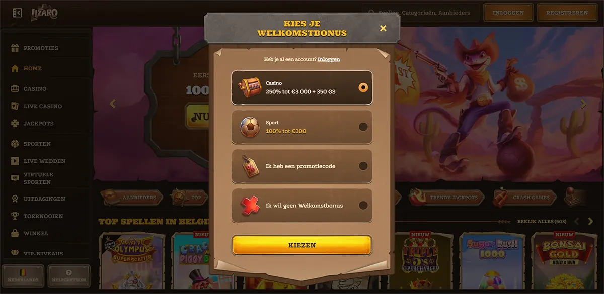 Dutch casino popup “Kies je welkomstbonus” (choose your welcome bonus) with selectable options for Casino 250% up to €3,000 + 350 GS, Sport 100% up to €300, promo code, or no welcome bonus, and a yellow “Kiezen” button over a blurred slots lobby background.